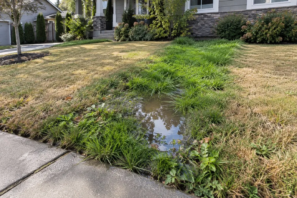 Soggy greener strip of lawn running from the street toward the house