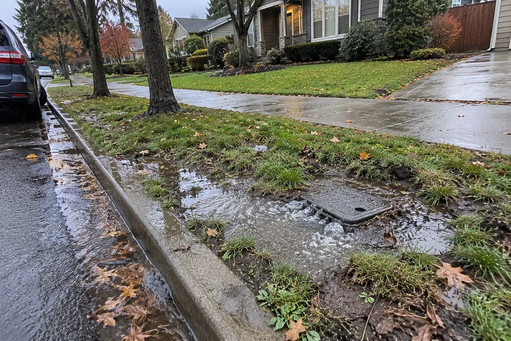 Water puddling at the curb strip near the street, the provider's side of the meter