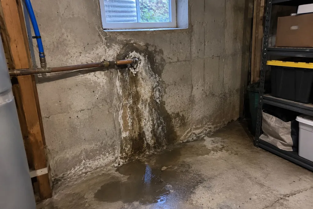 Damp stain seeping through a basement foundation wall where the water line enters