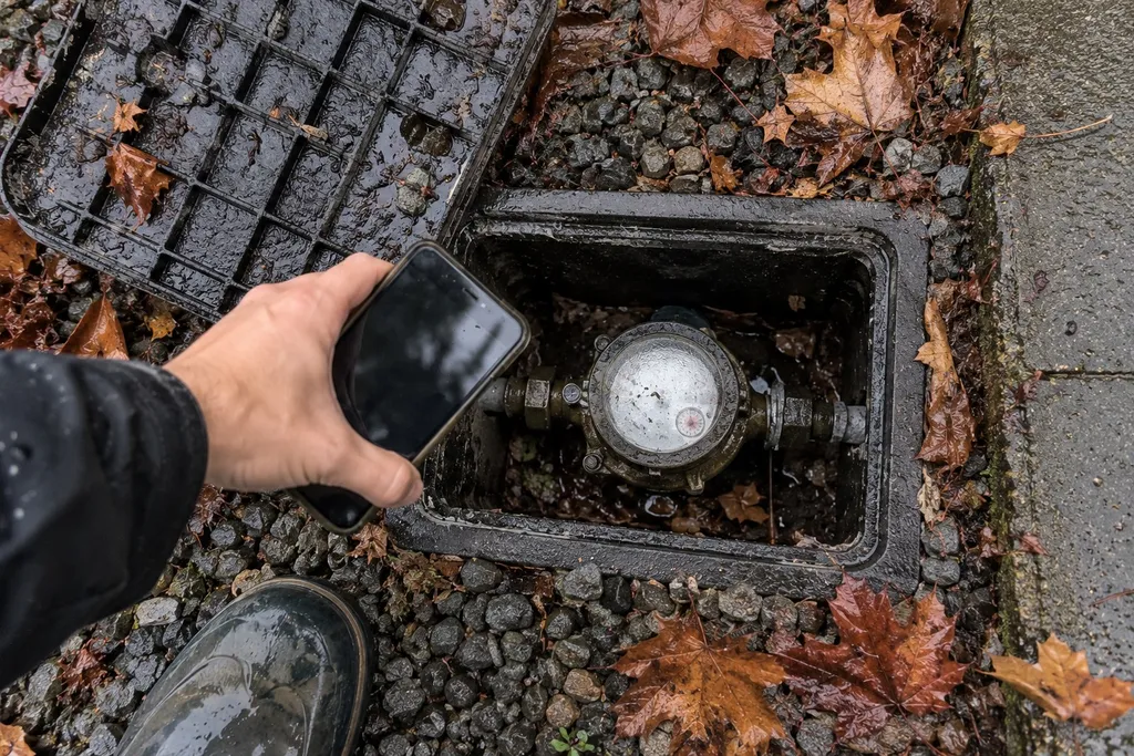 Homeowner's hand over an open water meter box checking for a hidden leak at a Troutdale home