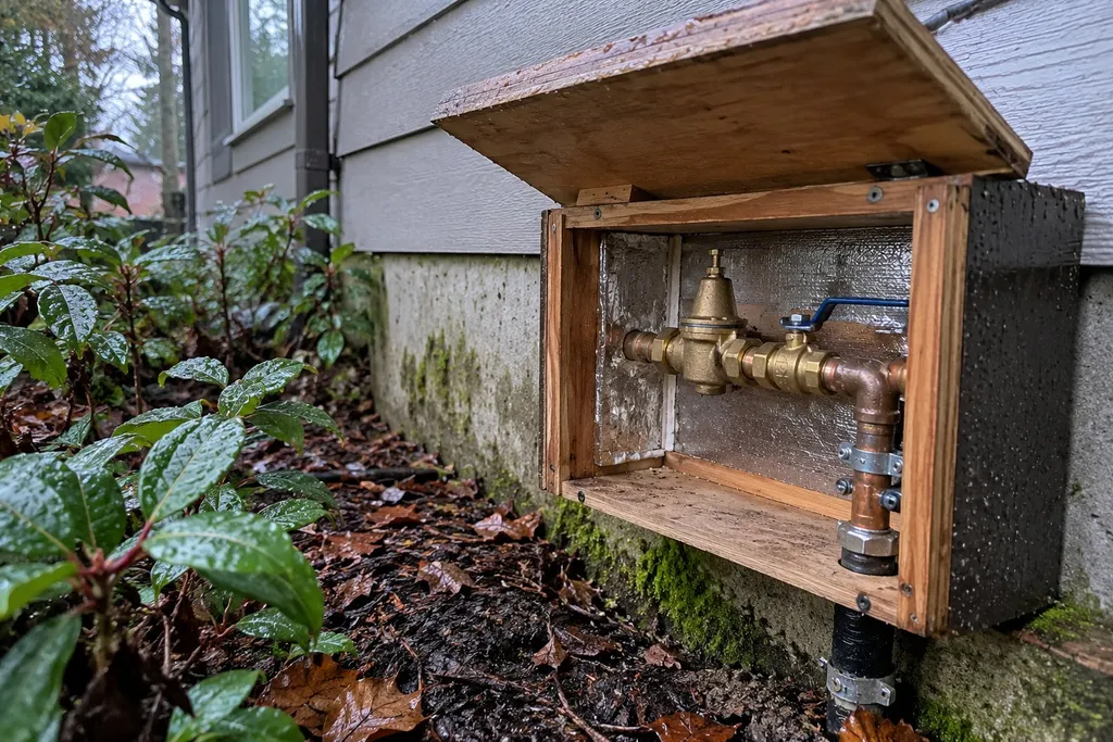 Exterior insulated box housing a pressure regulator on the main line beside a rainy house