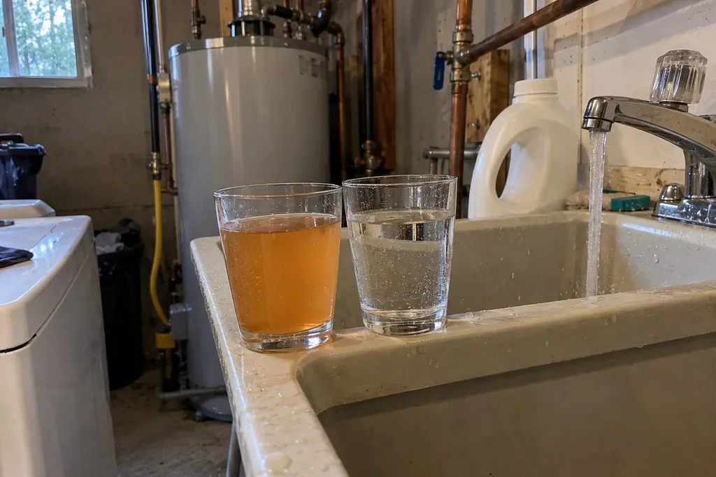 Glass of rusty hot water next to a clear glass of cold water at a laundry sink
