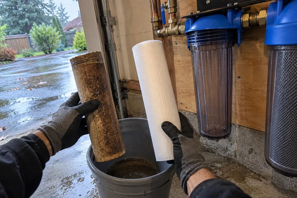 Dirty used sediment filter cartridge next to a clean new cartridge over a bucket